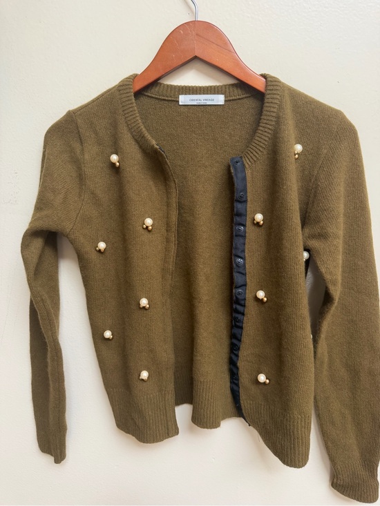 Oriental Vintage Sweaters - Oriental Vintage Olive Pearl-Embellished Knit Cardigan